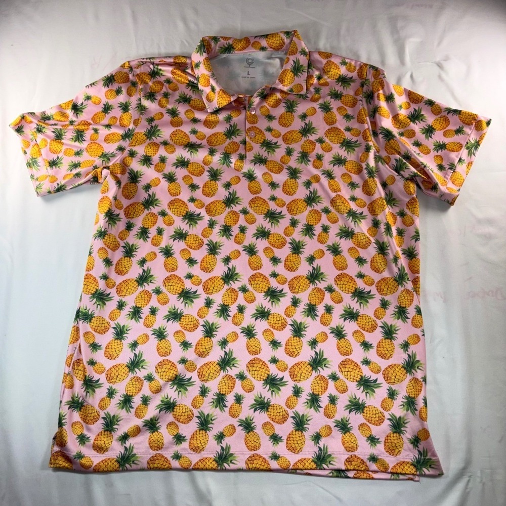 Caddy cart  Mens Pink Pineapple Print Performance Golf Polo Shirt‎ Large